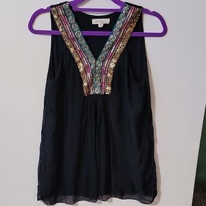 BELLE FRANCE Navy Embroidered Sleeveless Top, Size S